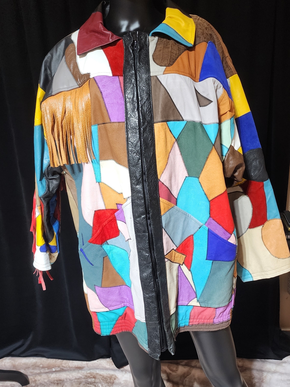 Vintage 80s Patchwork Leather Fringe Jacket Oversized Western Boho M/L